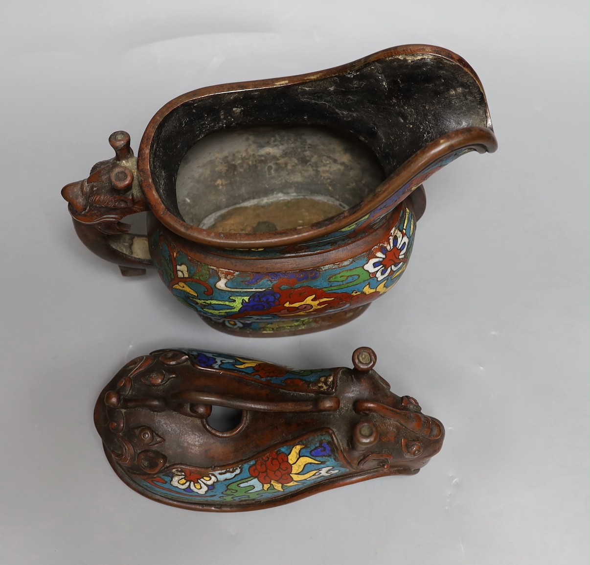 A Japanese champleve enamel and bronze archaistic vessel, 26cms high